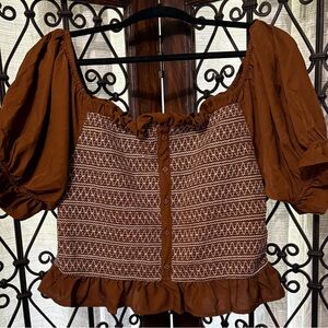 Elegant Brown Smocked Blouse